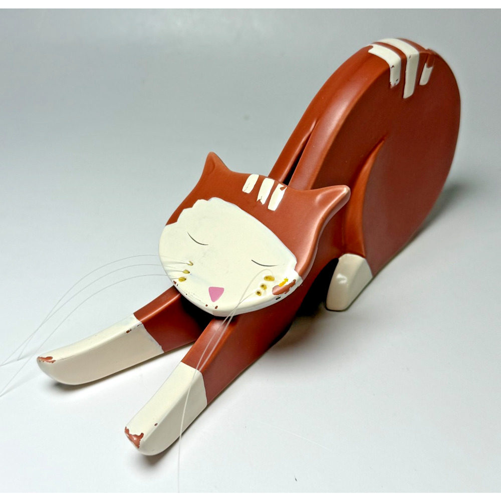 Collectible Ceramic Art Pottery Cat Figurine Stretching Rust & White Color Decor